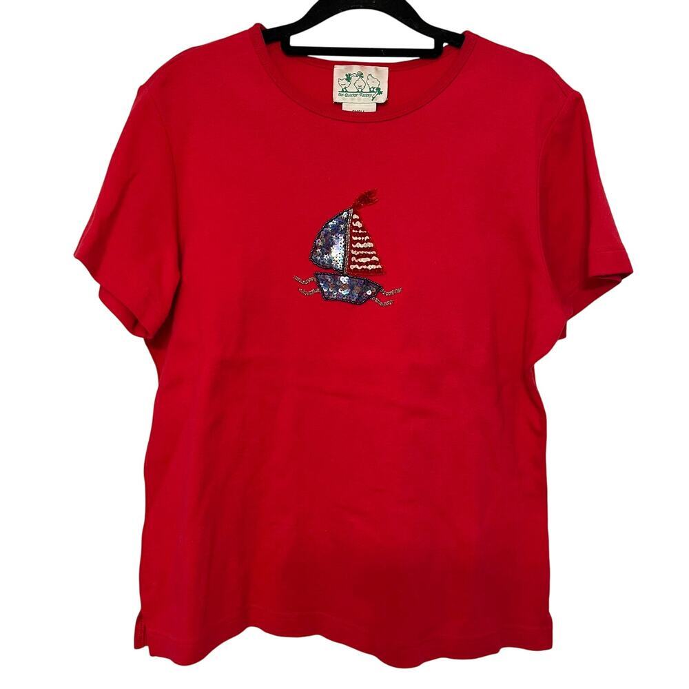 Quacker Factory American Flag Sail‎ Boat T-Shirt Red Size Small Sequin July 4th